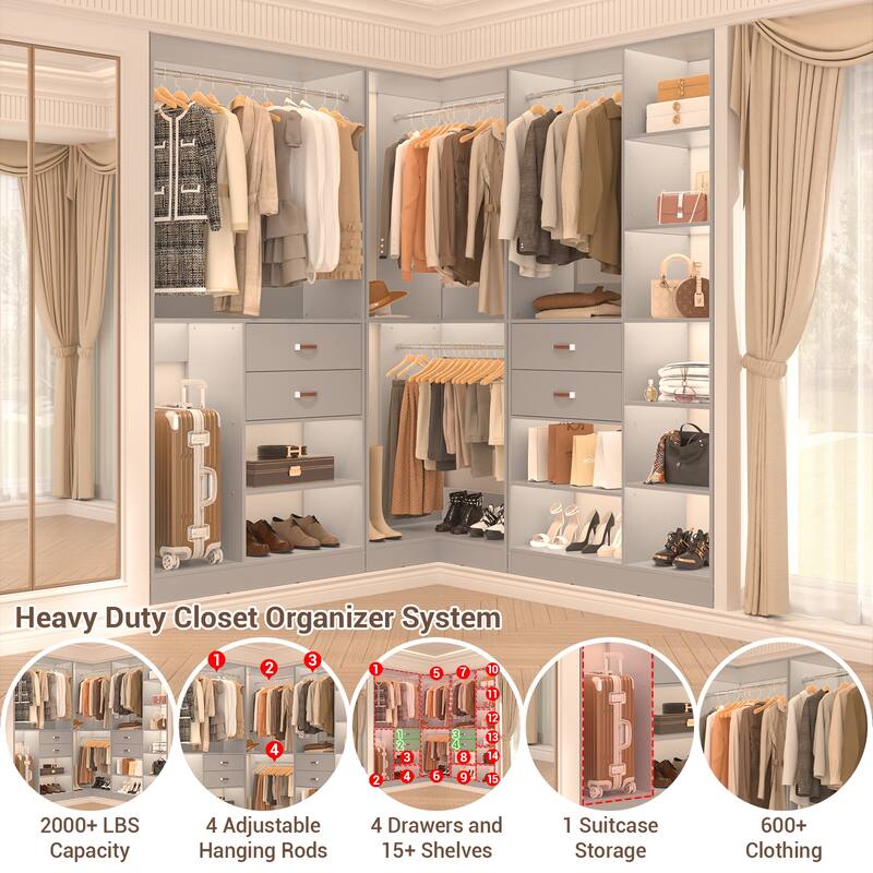 Rackcog 71'' - 110'' Set of 3 Freestanding Corner Closet Organizer, Reversible Wardrobe with Hanging Rods