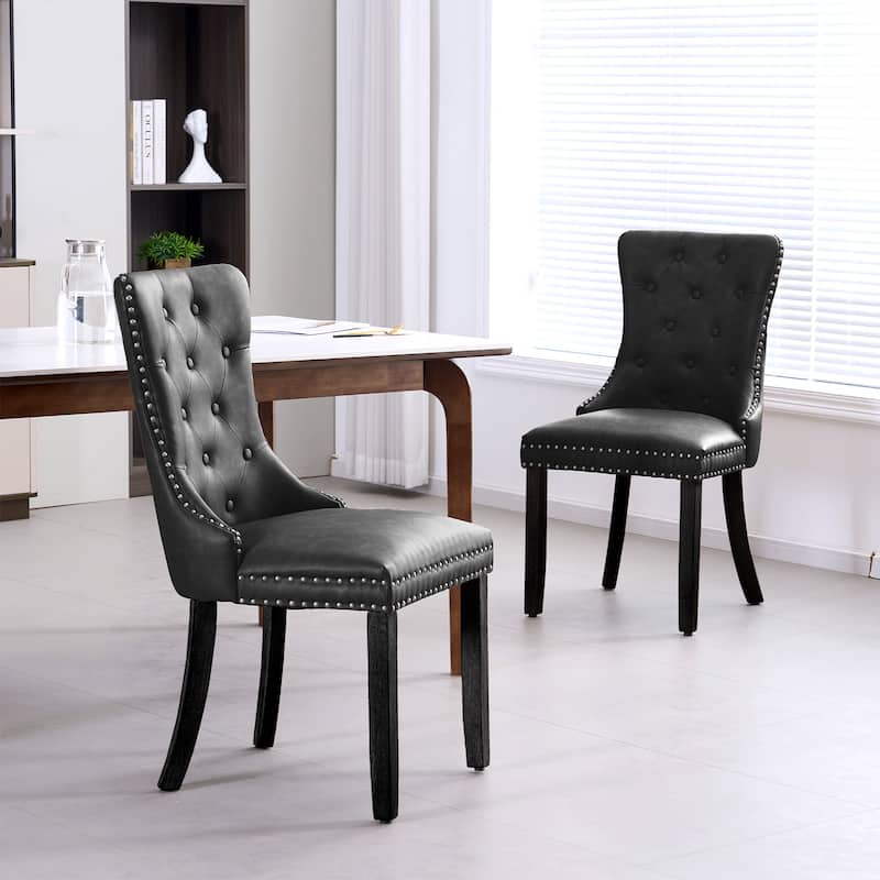 Faux Leather Dining Chairs with Nailhead Trim and Button Tufted Back (Set of 2).