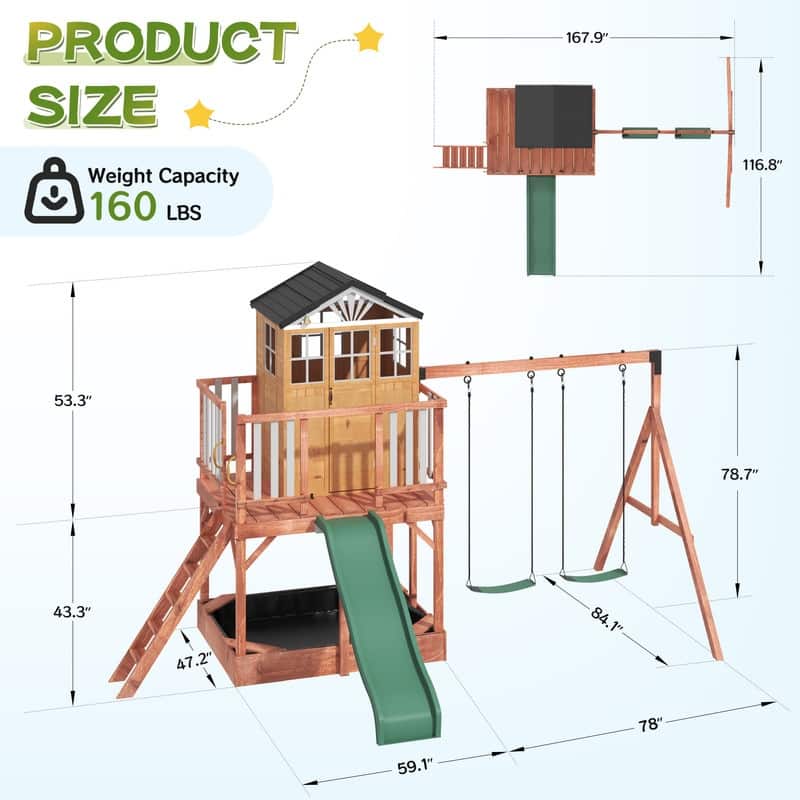 Kids Outdoor Wooden Swing Set with Elevated Playhouse, Wave Slide, Belt Swings and Sandbox - Natural Wood