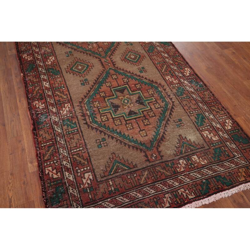 Brown Ardebil Persian Vintage Runner Rug Handmade Wool Carpet - 3'10" x 13'10"