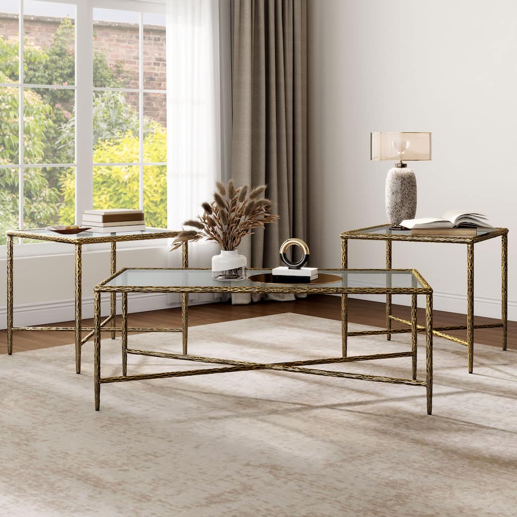 247 Shop At Home Lalia Modern Hammered Metal 3-Piece X-Brace Coffee Table Set