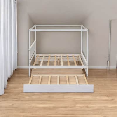 HomeRoots White Wood Full Canopy Bed With Trundle And Drawers