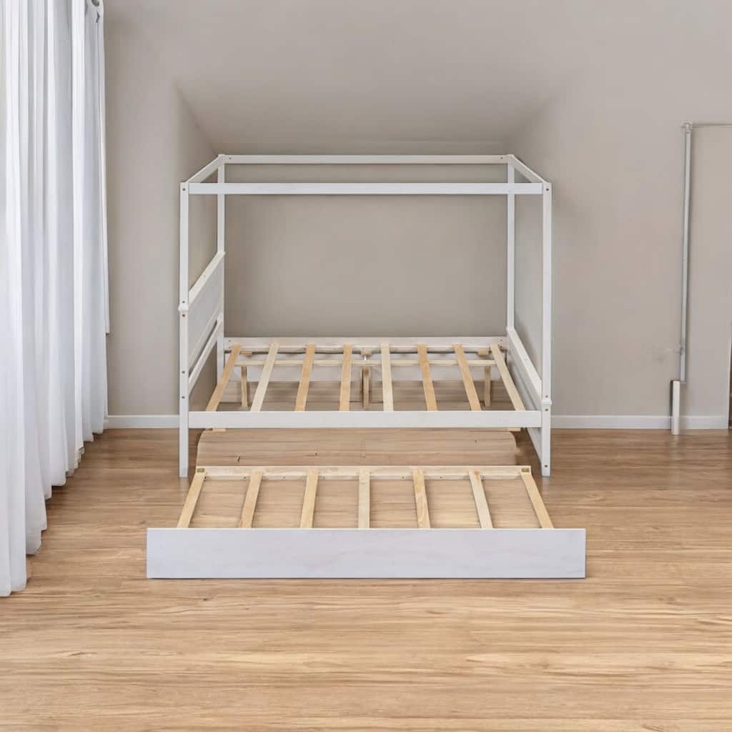 HomeRoots White Wood Full Canopy Bed With Trundle And Drawers