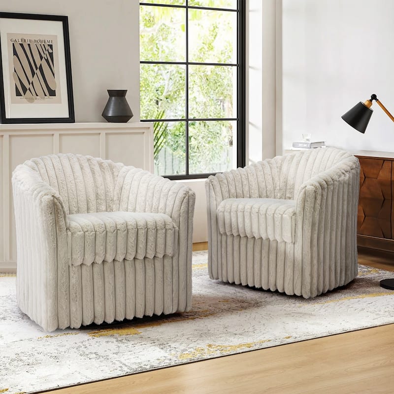 2 Set Modern 49" Upholstered Plush Corduroy Swivel Barrel Accent Chair - White