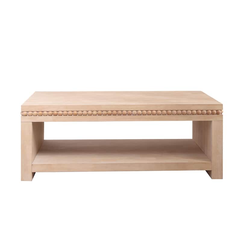 47 inch Modern Black Coffee Table Beaded Trim Rectangular Open Storage Shelf Living Room