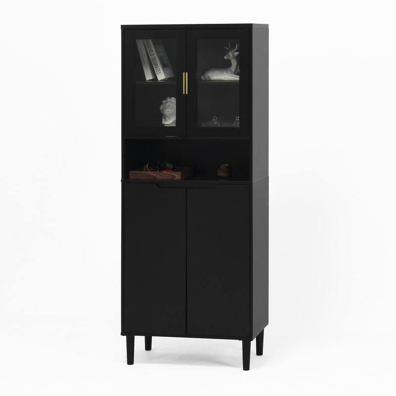 Tall Kitchen Pantry Cabinet with 2 Glass Display Doors & 2 Solid Doors