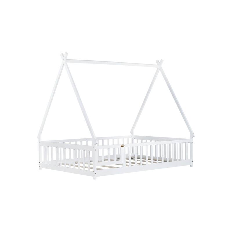 Full Size Rubber Wood Tent-shaped Floor Bed with Guardrails,Slats and Door