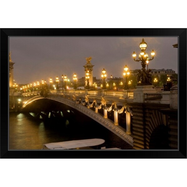 "Arch bridge lit up at dusk, Pont Alexandre III, Seine River, Paris, France" Black Framed Print