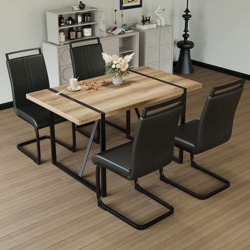 Modern Rustic Industrial Style Dining Table Set Armless Dining Table Set with C-Shaped Base Chair, for Kitchens, 4-Piece Set