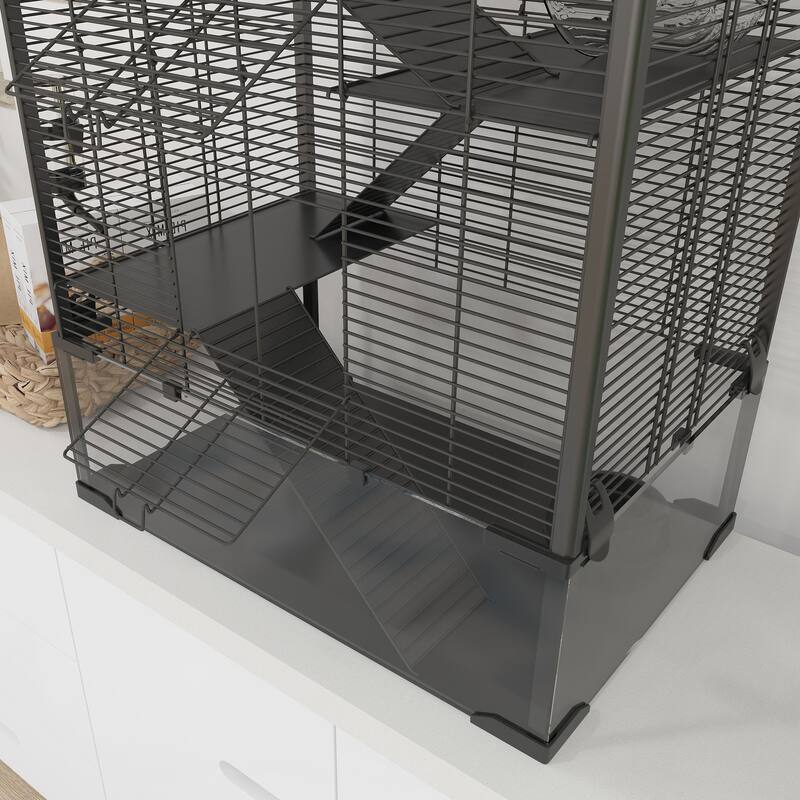 PawHut Large Hamster Cage with Deep Tempered Glass Bottom, 4 Tiers Hamster Tank with Running Wheel, Hut, Water Bottle, Black