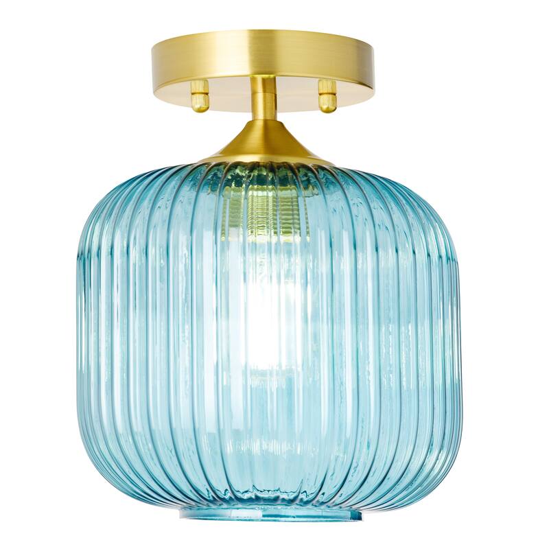 Ignace River of Goods Brushed Gold Metal 10.25-Inch Ceiling Light with Frosted White Glass Globe Shade - 8" x 8" x 10.25" - Blue/Gold