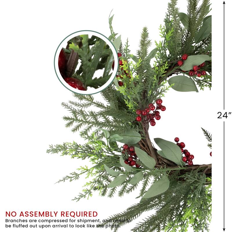 Mixed Foliage Red Berries Artificial Christmas Wreath, 24-Inch, Unlit