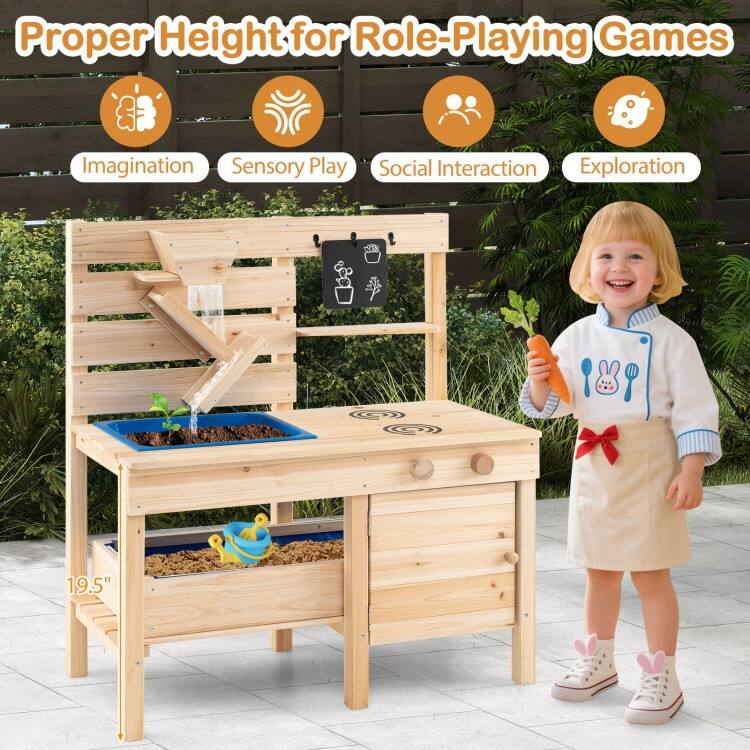 Outdoor Play Pretend Kitchen with Detachable Sandbox and Removable Sink-Natural - Multi