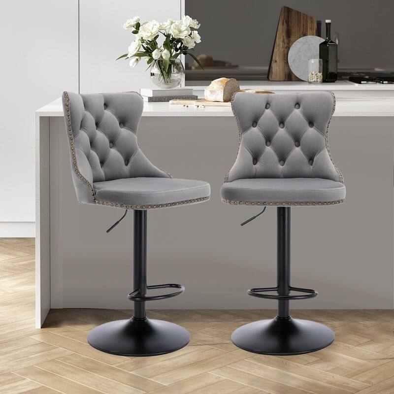 Velvet Upholstered Nailheads Tufted Swivel Bar Stools (Set of 6)