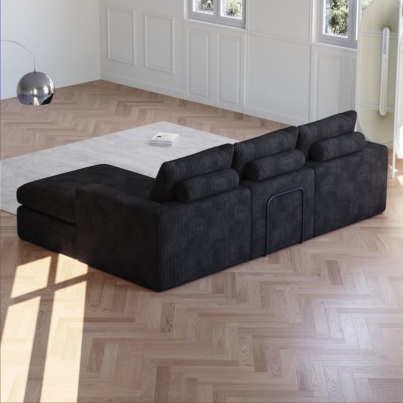 Roomfitters Modern 3-Seater Corduroy Cloud Sectional Sofa with Chaise, L-Shaped Boneless Couch with Pillows