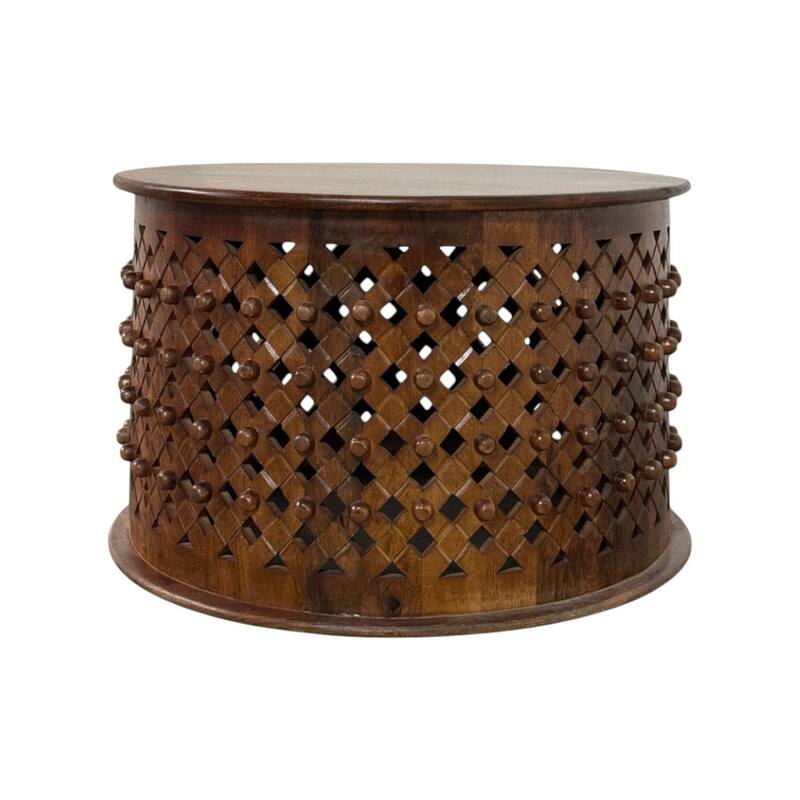 Lattice 30" Round Artisan Coffee Table - Elegant Finish Intricate Carving Solid Wood Accent Table - Chestnut
