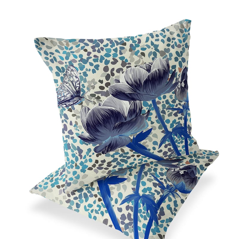 HomeRoots Set of Two 16" X 16" Blue and Gray Butterfly Blown Seam Floral Indoor Outdoor Throw Pillow - 16.00' X '16.00' X '5.00