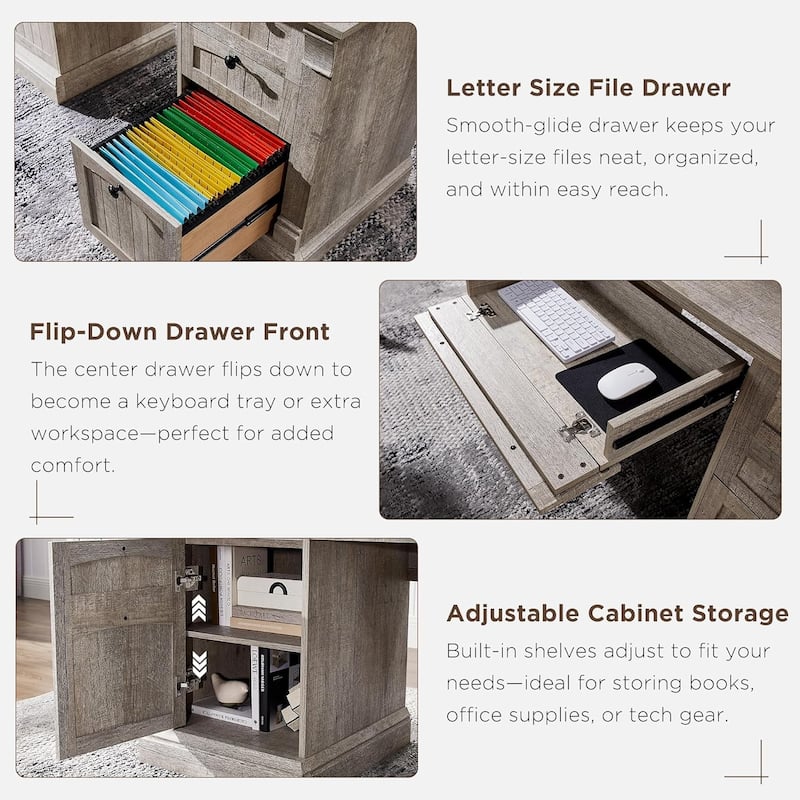 Executive Desk, Wood Office Desk with Charging Station & File Cabinet