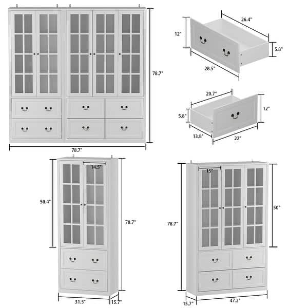 dimension image slide 1 of 11, 78.7"H Combo Glass Doors Display Cabinet Wooden Bookshelf Organizer