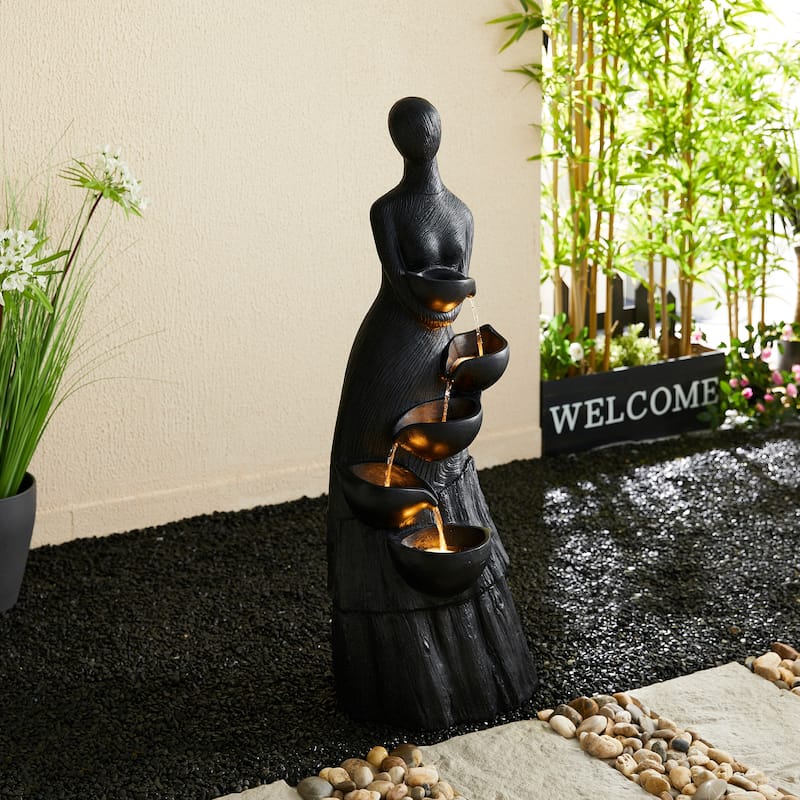 Glitzhome 39"H LED Polyresin 5-Tiered Woman Stone Sculpture Water Fountain Outdoor
