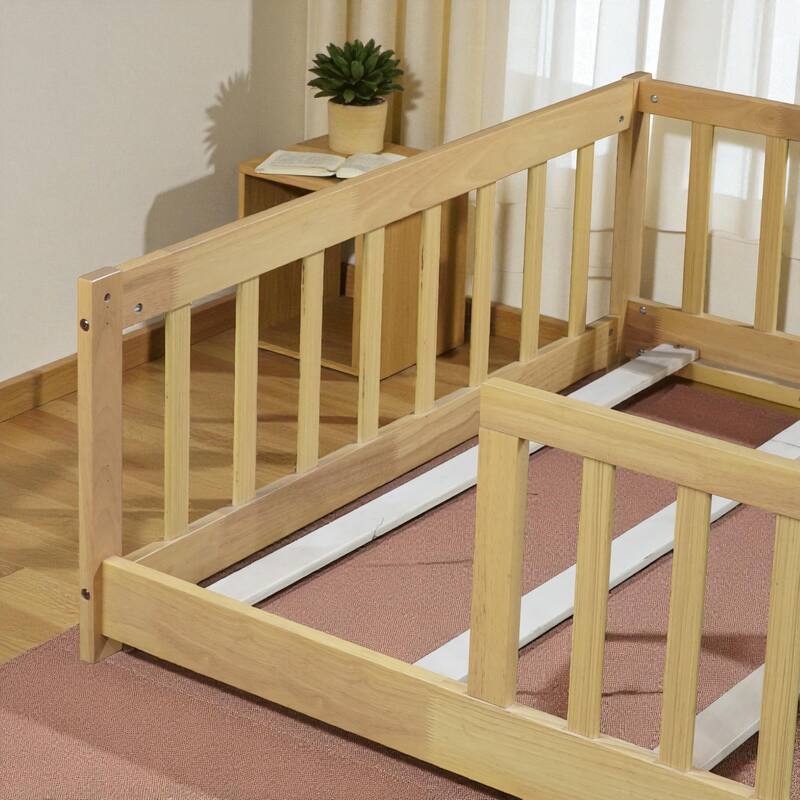 Twin Size Wooden Floor Bed with Fence, Solid Rubber Wood Montessori Bed Frame with Safety Guardrails for Kids