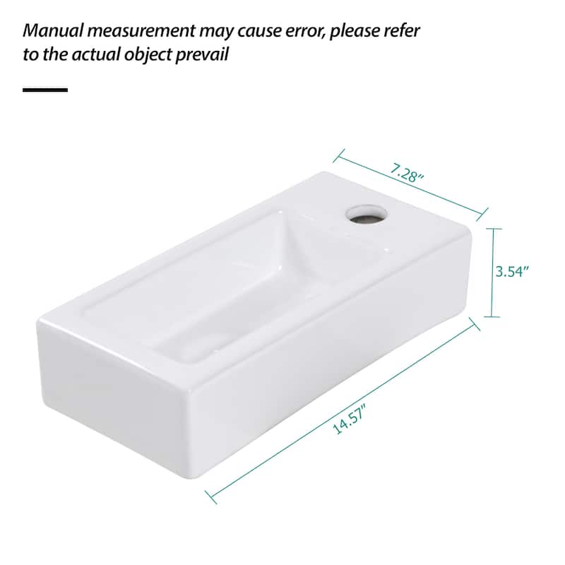 Modern Rectangular Wall Mounted Floating Bathroom Sink, Premium Ceramic with Faucet Hole and Installation Hardware