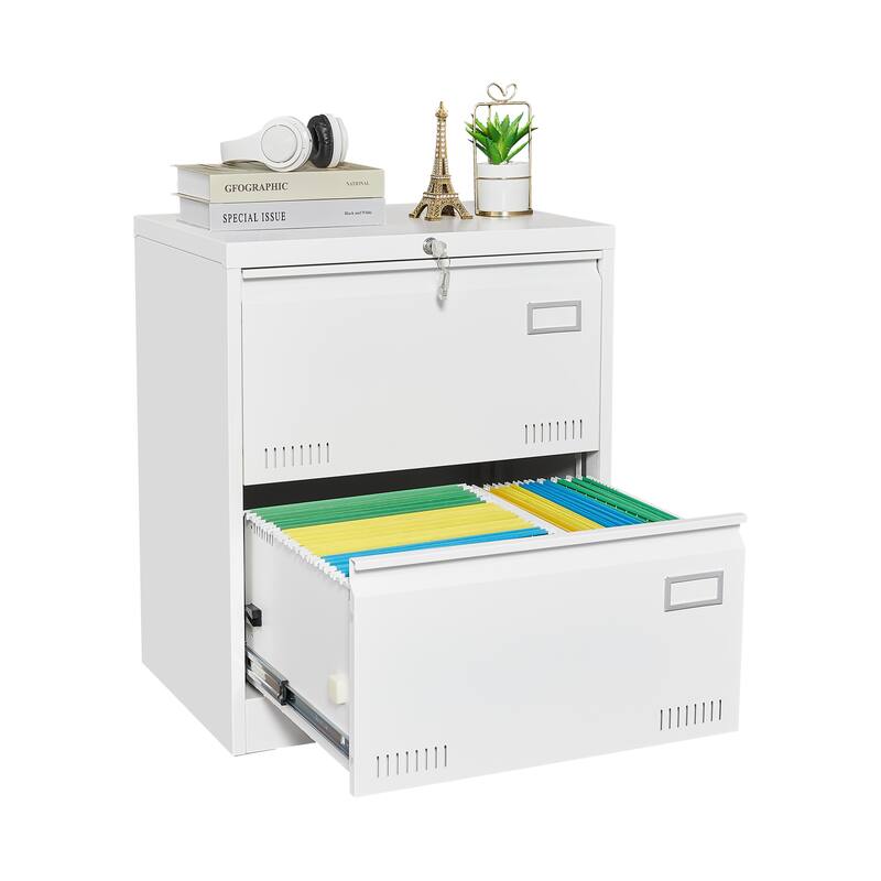 Anmytek White 2 Drawer Locking File Cabinet with File Bars Home Office Storage Metal