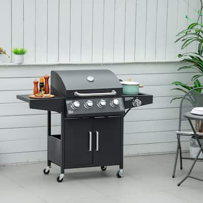 Outsunny 4+1 Burner Liquid Propane Gas Grill Outdoor Cabinet Style BBQ Trolley w/ Side Burner, Warming Rack, Thermometer
