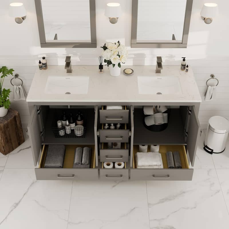 Eviva London 60"W Gray DS Bath Vanity with White Carrara Quartz Top