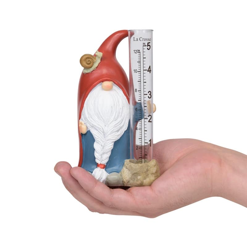 La Crosse 704-4115 5 in. Table standing Polyresin Gnome Rain Gauge