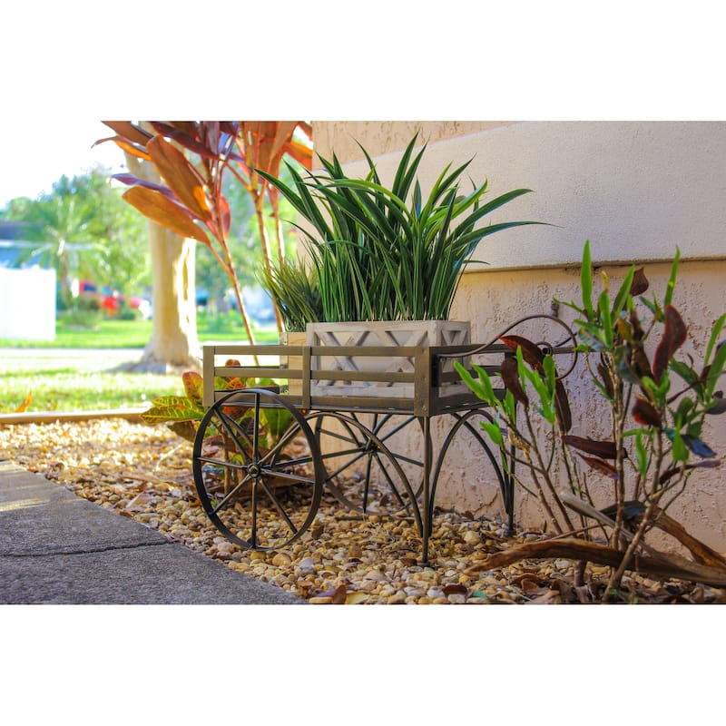 Zeckos 26 Inch Brown Metal Wagon Cart Plant Stand Indoor/ Outdoor - 14.75 X 25.5 X 14.25 inches