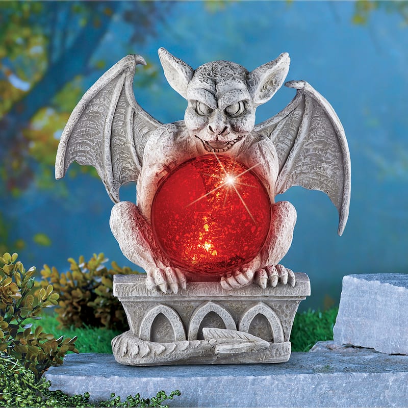 Hand-Painted Stone Detailed Gargoyle with Solar Powered Gazing Ball - 9.87 x 10.5 x 7.37 - Grey - 9.87 x 10.5 x 7.37 - Resin