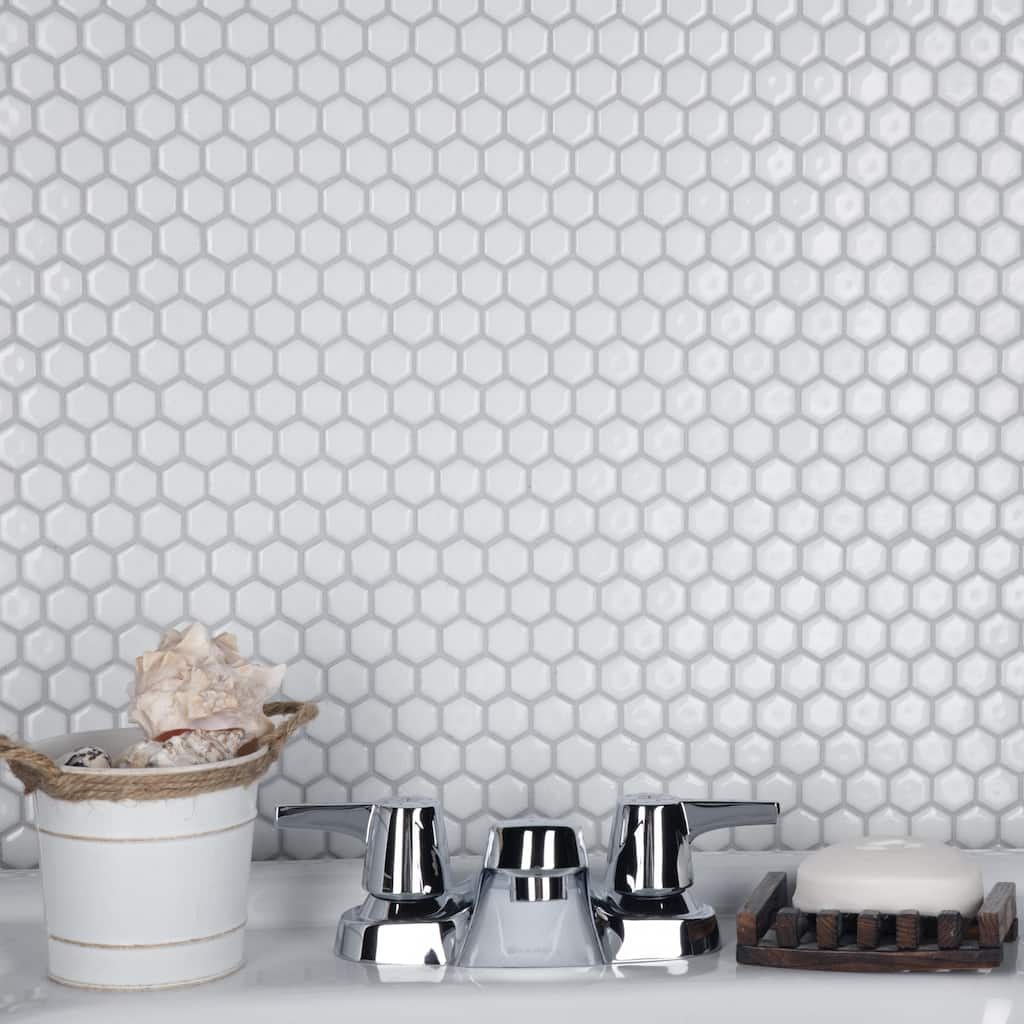 Merola Tile Colmena Hex Glossy White 11-1/2" x 11-5/8" Porcelain Floor and Wall Tile