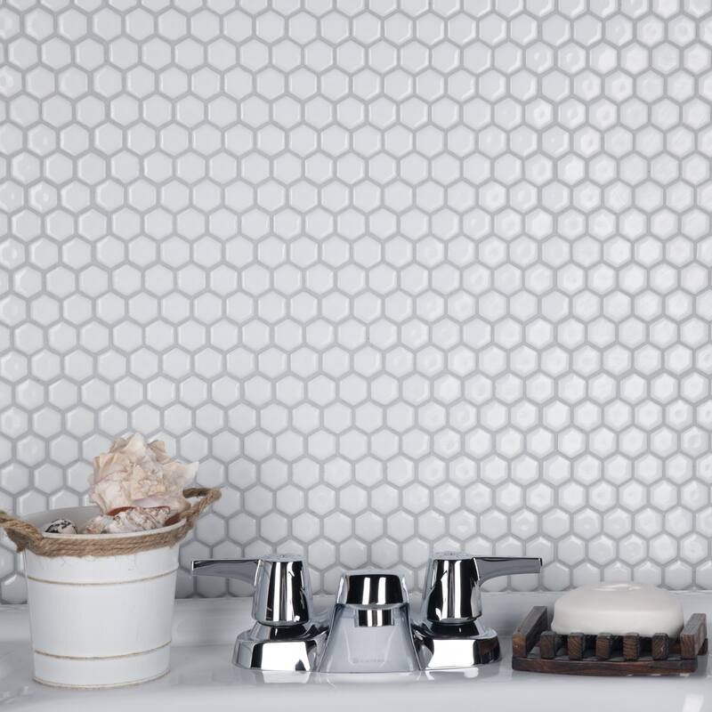Merola Tile Colmena Hex Glossy White 11-1/2" x 11-5/8" Porcelain Mosaic Floor and Wall Tile