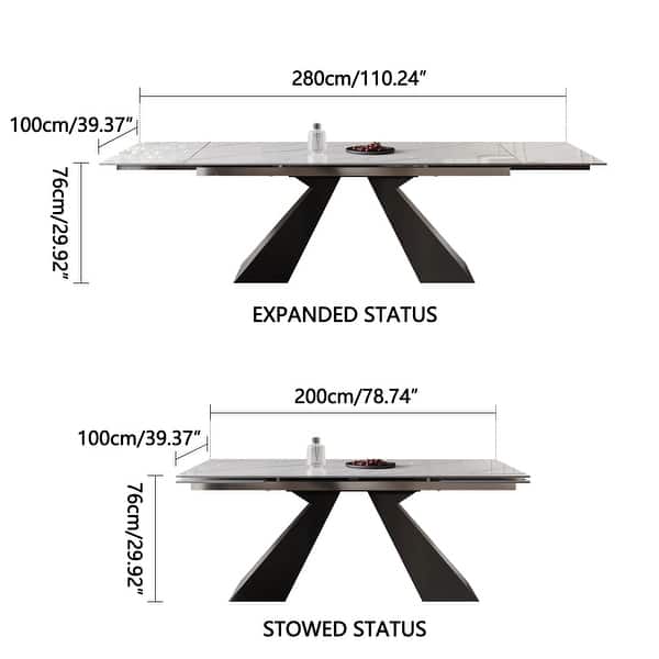 dimension image slide 1 of 3, 110.23'' Extendable Rectangular Sintered Stone Dining Table For 8 -10 People