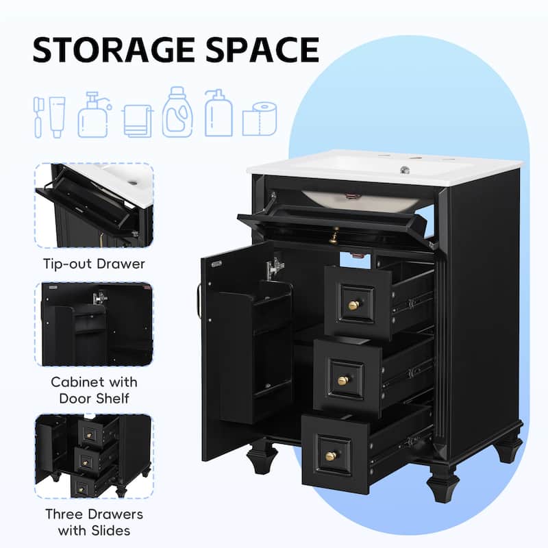 24" Freestanding Bathroom Vanity with Ceramic Sink, Flip-Out Drawer & 3-Drawer Cabinet, Solid Wood & MDF