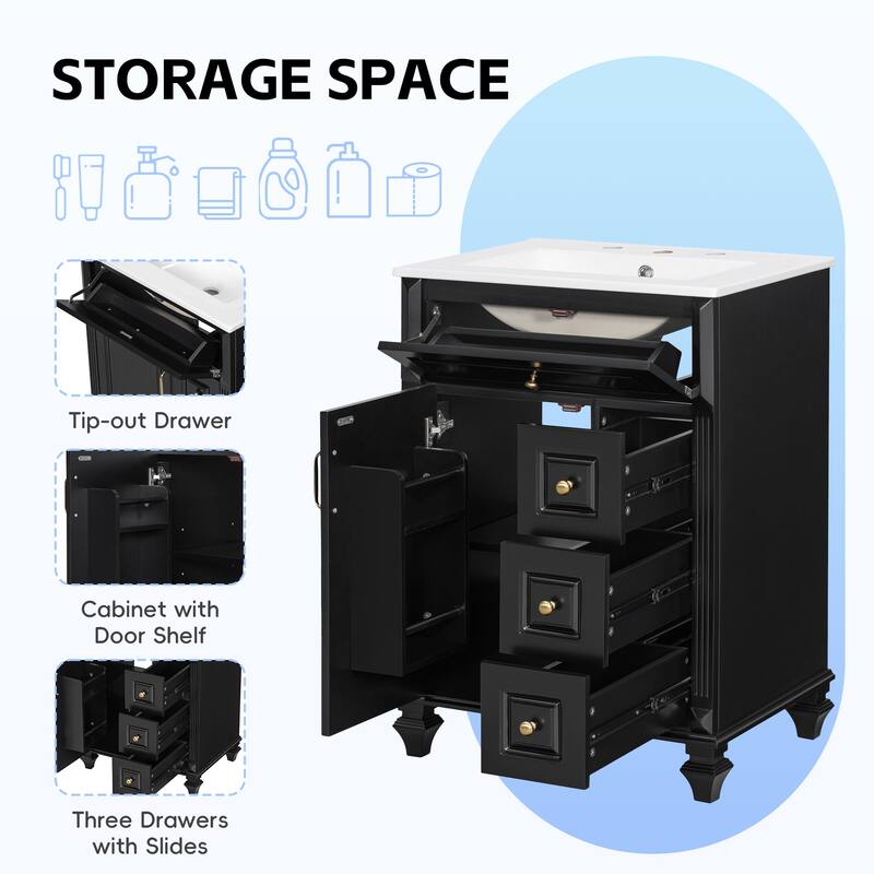 24"Bathroom Vanity with Sink, Freestanding Vanity Cabinet with Flip-Out Drawer, 3 Drawers & Storage Cabinet, Ceramic Sink Top