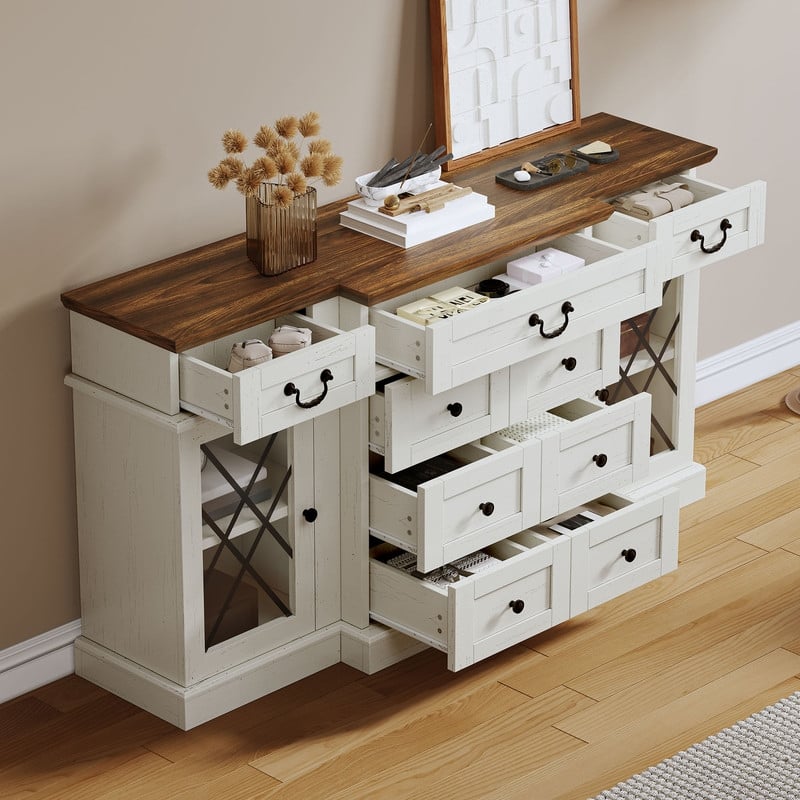 Moasis Farmhouse 59" TV Stands with 9 Drawers and Adjustable Shelves & Tempered Glass Doors