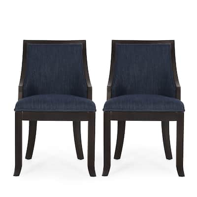 Dining Chair Set of 2, Navy Blue Fabric Cushioned, Brown Solid Wood