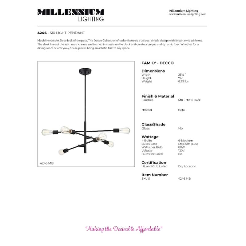 Millennium Lighting Decco 6 Light Pendant Fixture in Matte Black or Modern Gold