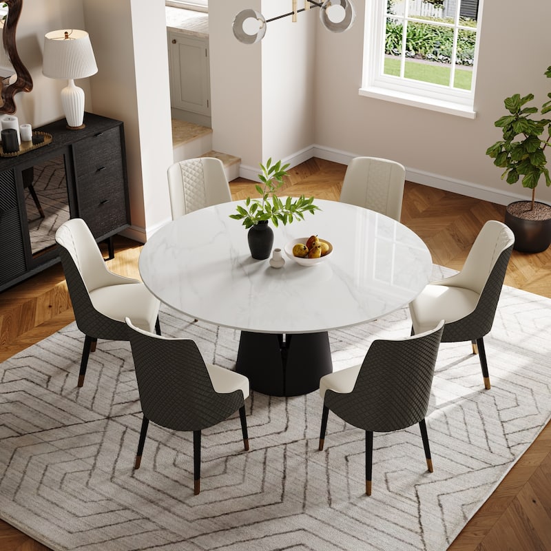 Modern Round White Dining Table, Matte Sintered Stone Tabletop, Solid Black Carbon Steel Base - 59.06" - White