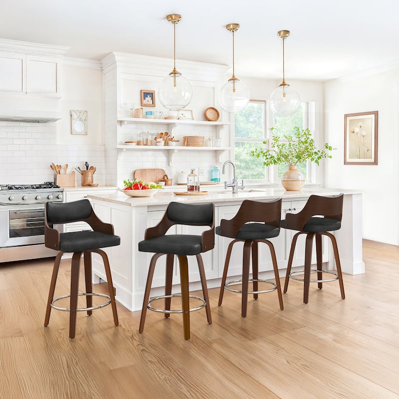 Set of 4 Modern Swivel Bar Stools with Curved Wood Back Upholstered Armrest Counter Stool - Black