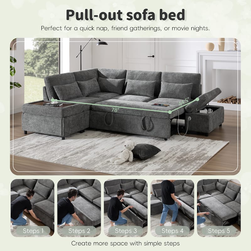 Roomfitters 107'' L-Shaped Sleeper Sectional Sofa Bed with Pull-Out Couch, USB & Type-C, Storage Ottoman