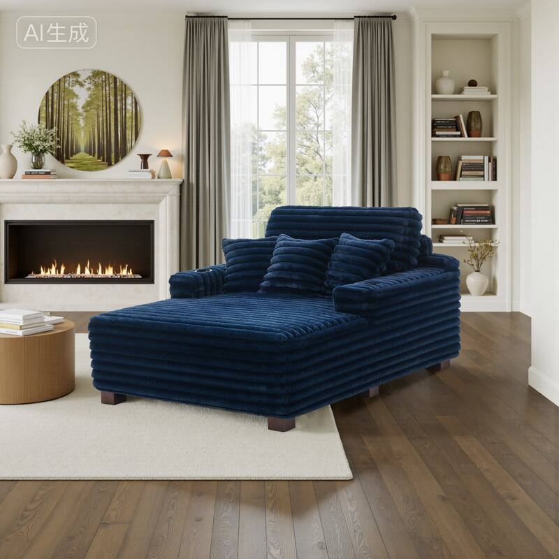 53"W Oversized Plush Fur-Like Chaise Lounge Sofa with Cup Holder