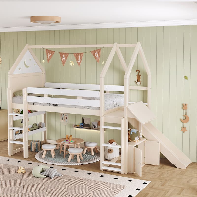 Playful House Bed Starry Moon Cottage Twin Size Loft Bed with Built-in Bookshelves, Reversible Slide and Front & Side Ladders