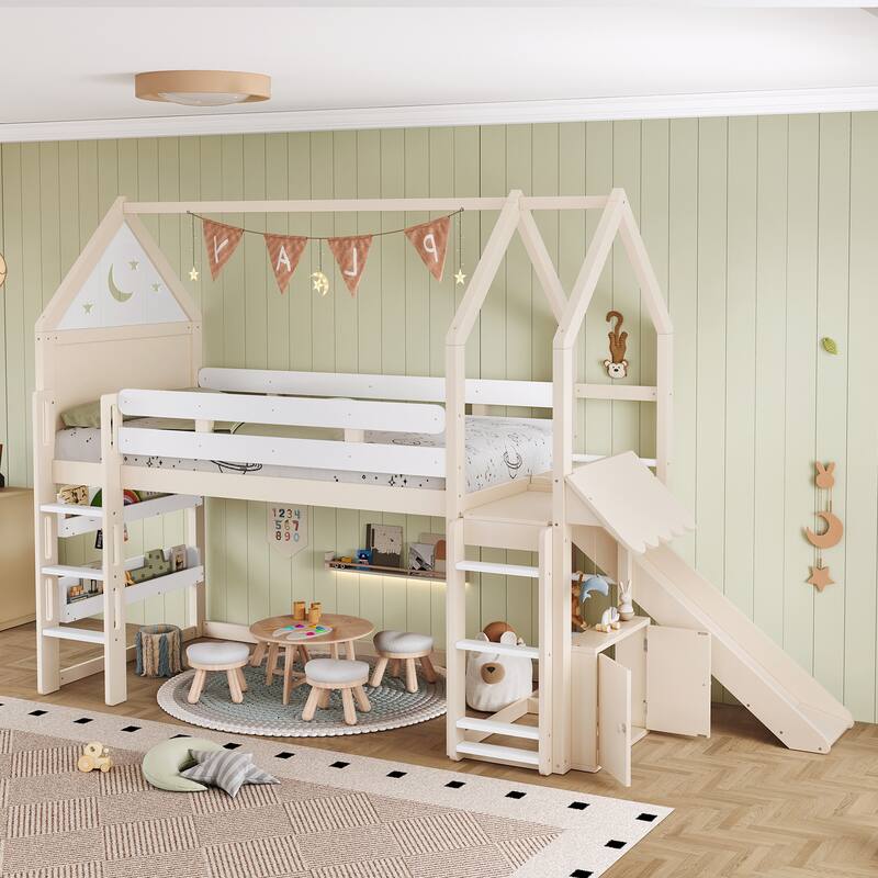 Roomfitters House Loft Bed with Slide and Bookshelf, Star Moon Roof Design
