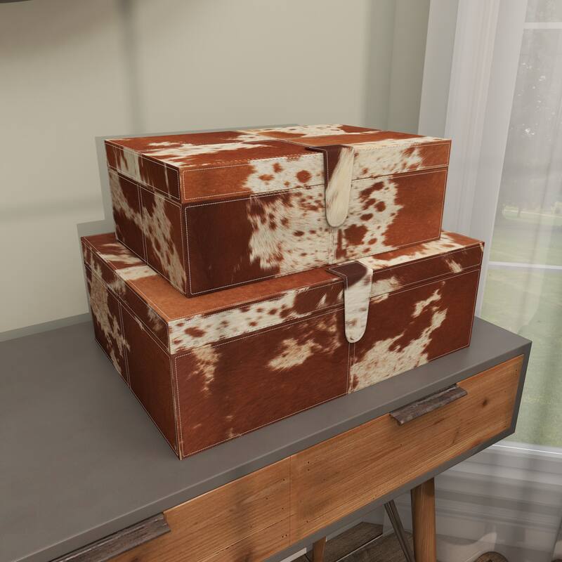 Brown Leather Handmade Box with Hinged Lid (Set of 2) - S/2 14", 17"W