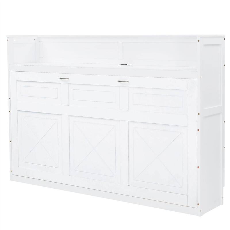 Twin XL Size Murphy Bed with Desk and LED Light, Wooden Murphy Wall Bed with USB Charging Station, Foldable Murphy Bed Cabinet