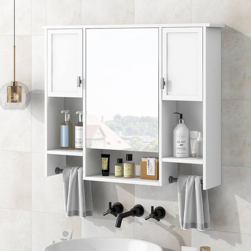 35'' x 28'' Modern Wall Mounted Bathroom Storage Cabinet with Mirror, 3 Doors, Adjustable Shelves, Towel Bar, Black