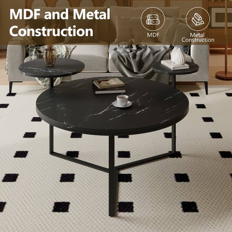 Modern Coffee Table with Two Display Shelves, Black Faux marble surfaces, Tripod-inspired base,Rounded tabletop edges